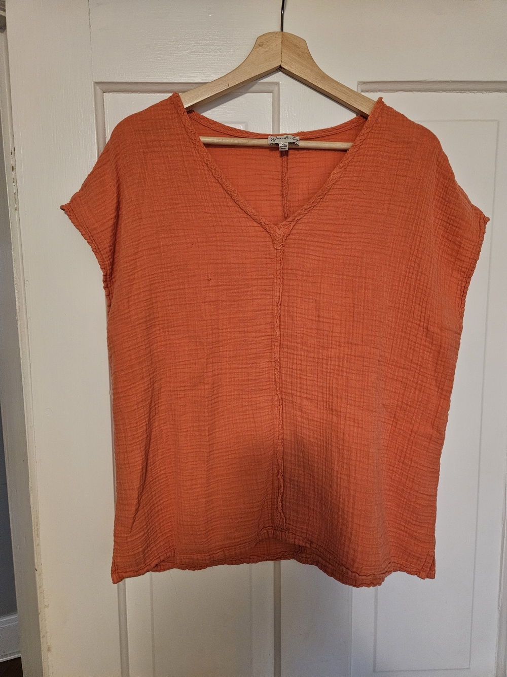 Lightweight 100% Cotton Textured V-Neck Salmon Women's Top